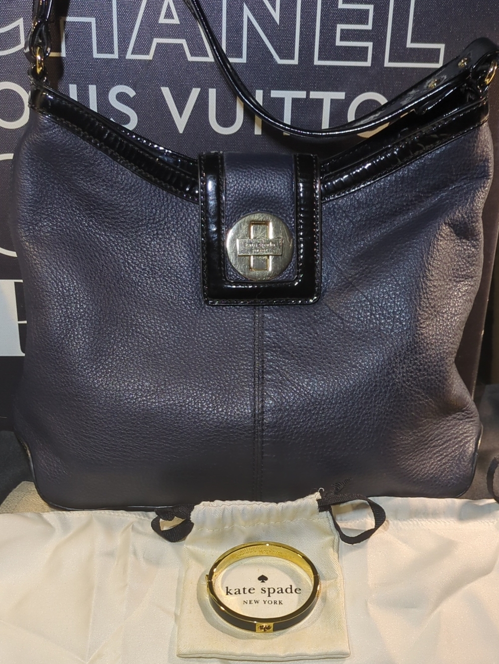 Kate Spade Pebbled Leather Midnight Blue Hobo Shoulder Bag & Kate Spade Bracelet - Picture 2 of 12